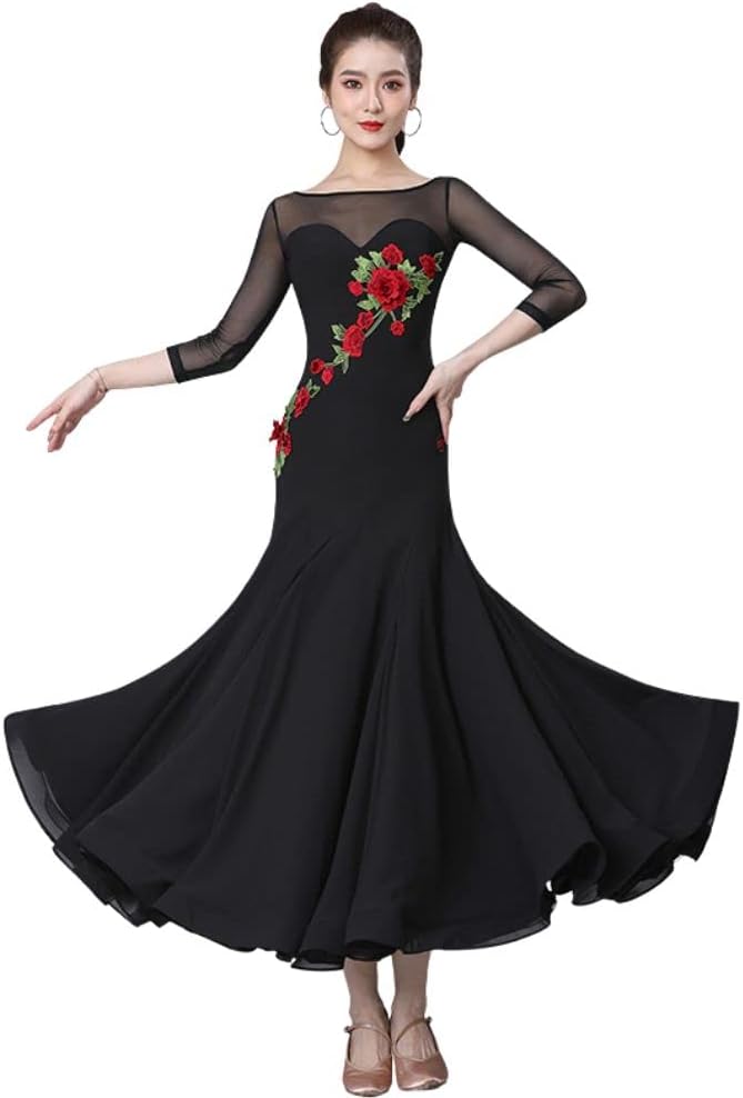 上品 社交ダンスドレス 刺繍花柄 フロント付き袖 モダンダンス衣装ダンスドレス 楽天市場】社交ダンス 衣装 花柄 モダンドレス エレガント